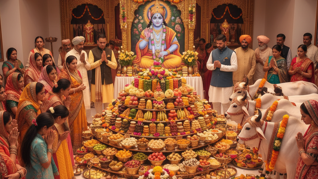 An AI image of a Chhappan Bhog offering on occasion of Govardhan Puja